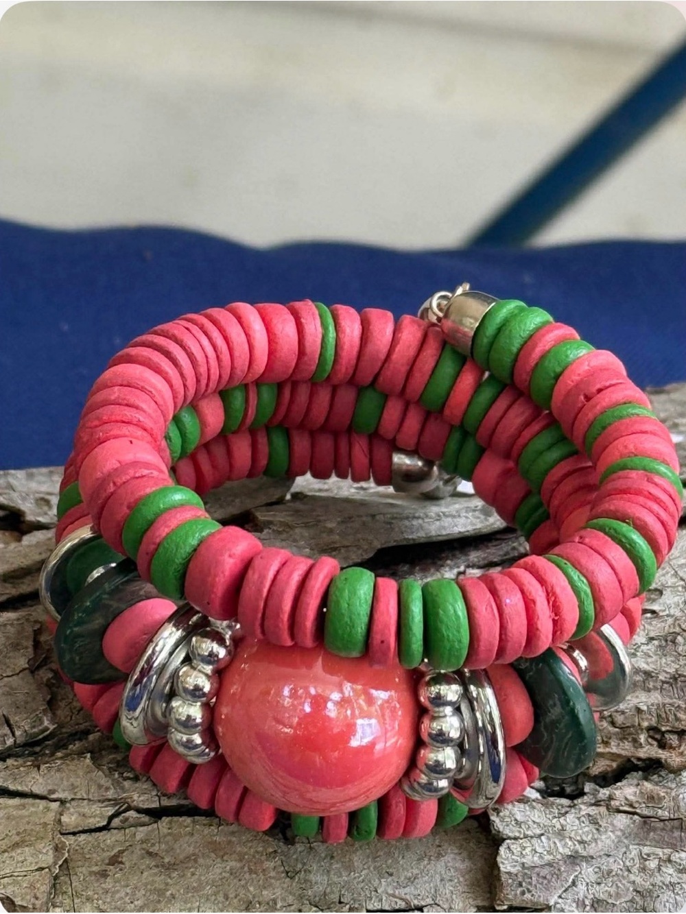 Handcrafted Pink & Green Beaded Statement Bracelet